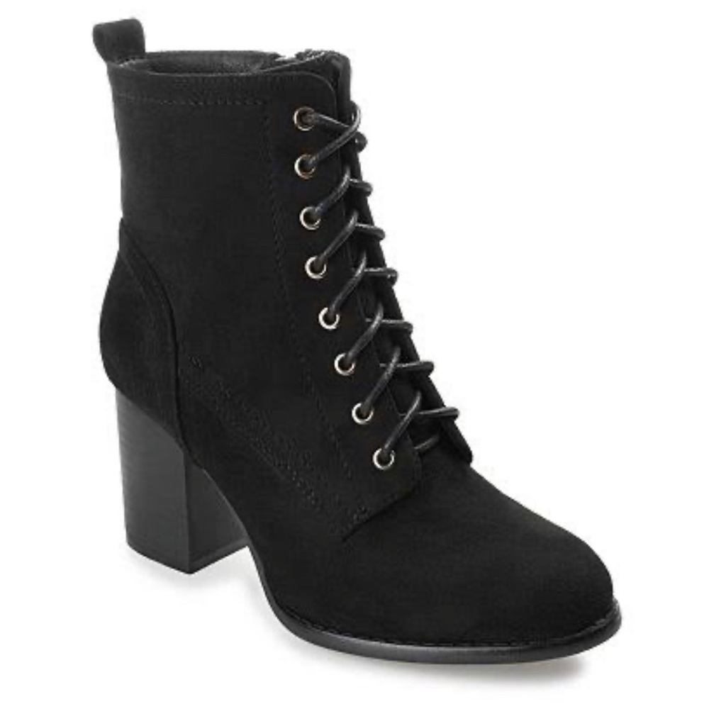 New faux suede lace up/zip up ankle bootie in black